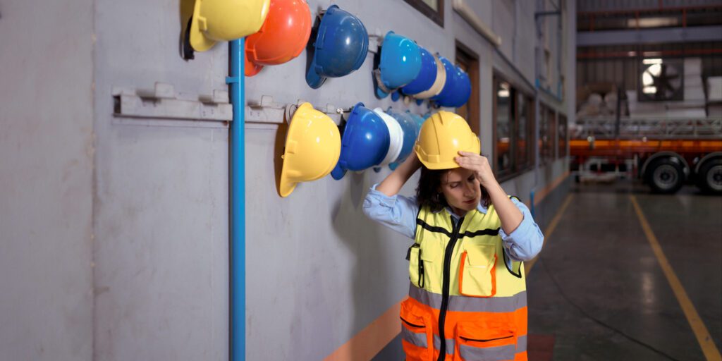 Portrait of confident young female worker holding safety helmet in warehouse