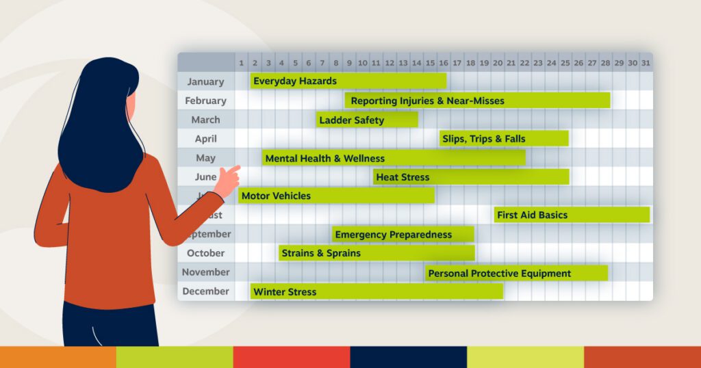 Graphic showing woman pointing at calendar with a different safety topic listed for each month of the year