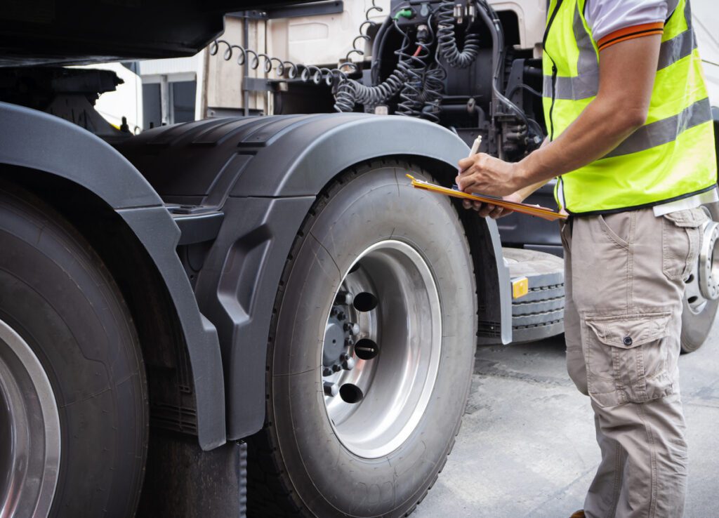 Truck driver is inspecting check truck wheels.
