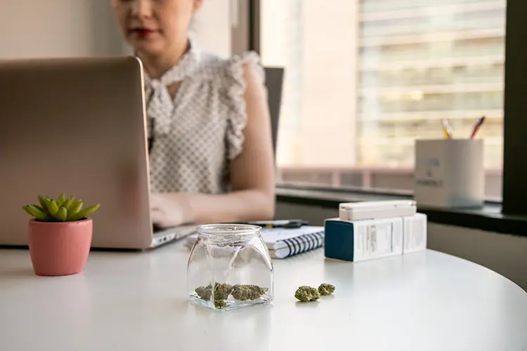 Glass jars of cannabis and buds sit on a white office table in an office environment with a downtown view outside the window. A Female Entrepreneur is working on a laptop computer with a vape pen by her side for Marijuana research. A succulent in a pink pot adorns the desk.