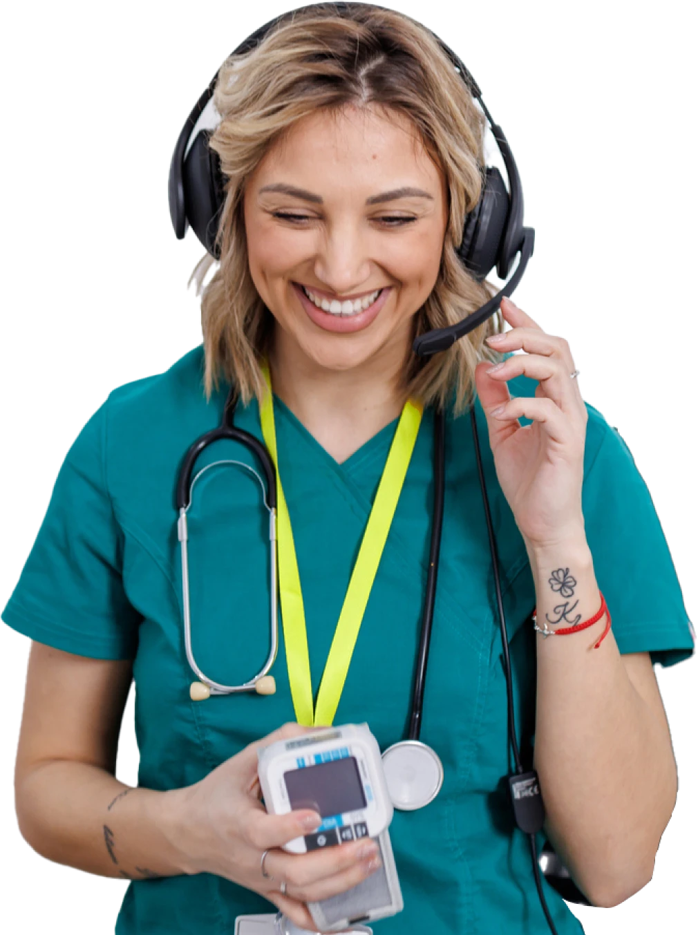 Nurse smiling while helping policyholder on a headset.