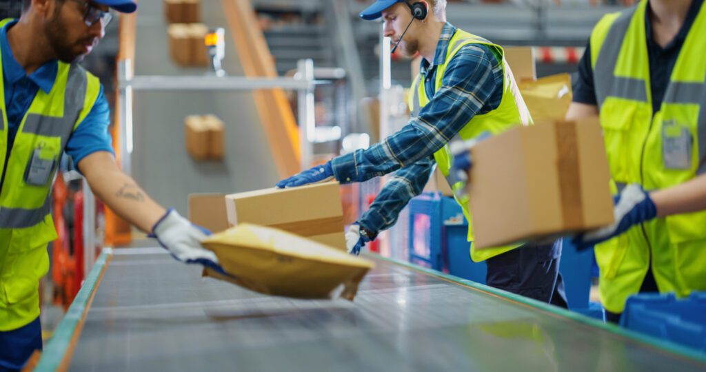 In a Modern Sorting Center Facility, Diverse Workers in Safety Vests Loading Parcels Onto a Conveyor, Efficiently Working Together as a Team. Logistics and Postal Service Operations